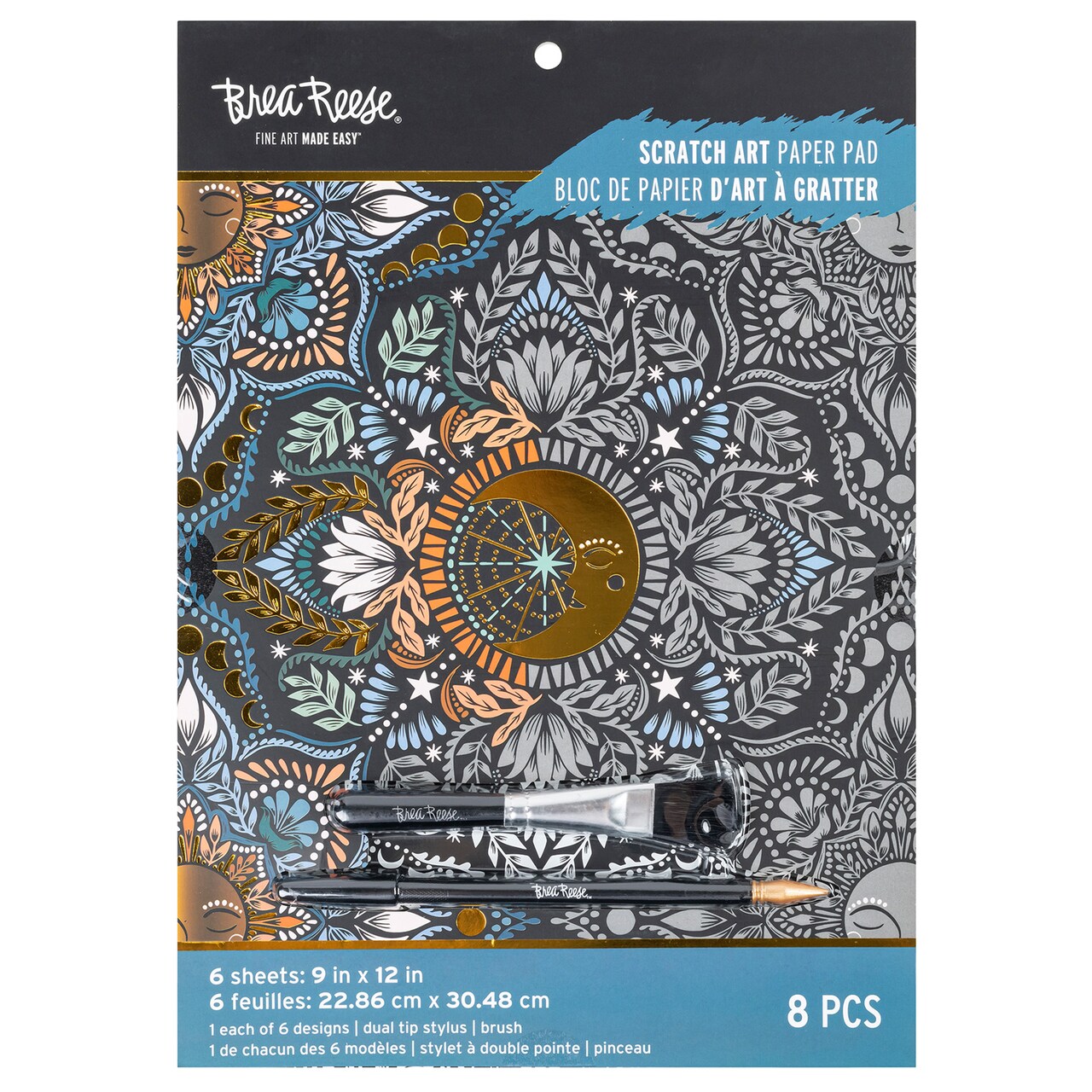 Brea Reese: Scratch Art Paper Pad - Moon & Sun - 6 Designs, Metallic Guided Art, Dual-Tip Stylus & Brush, Easy-to-Frame 9x12" Pages, Adult Craft Kit